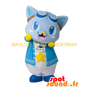 Cat kun mascot pretty blue and yellow cat with glasses